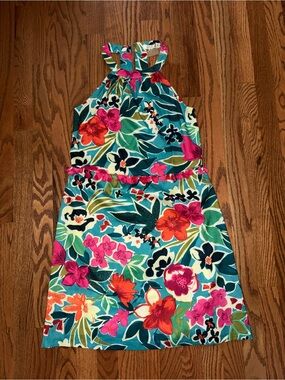 Jade Melody Tam Floral Halter Sundress in Teal with Pink & Orange tassels XS NWT